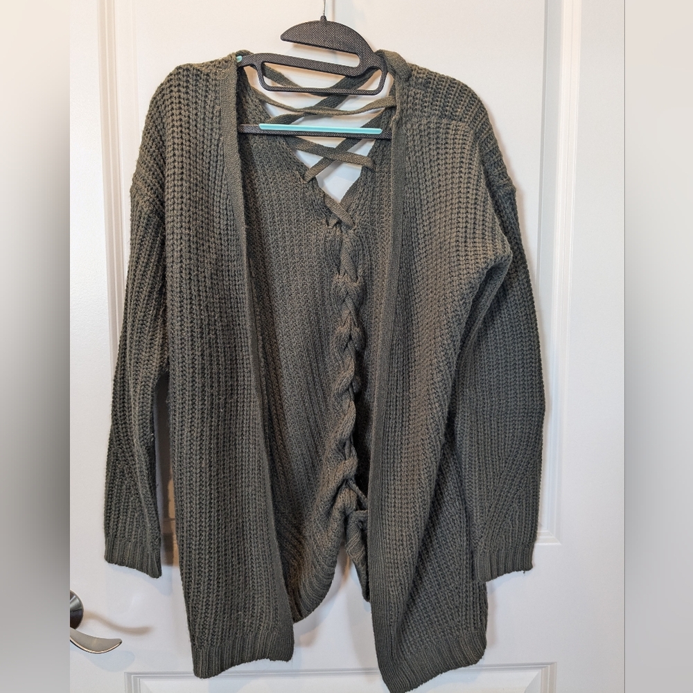 Women Pink Rose Green Cardigan, Size Large